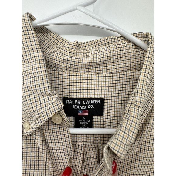 Ralph Lauren Jeans Co Large Button Down Mens Tan Micro Check Plaid Cotton Shirt - Picture 3 of 5